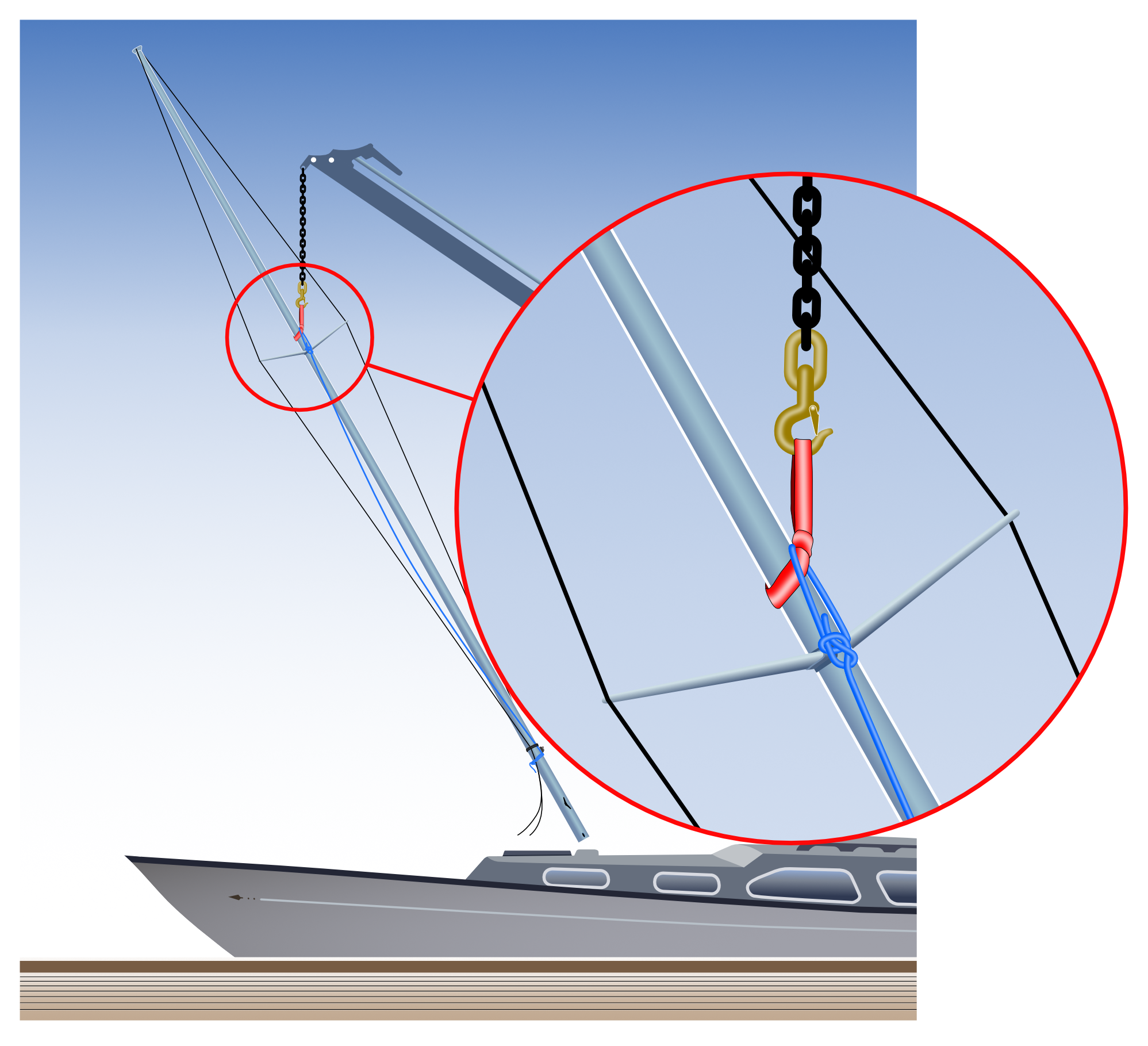 Mastekran løft med langt reb og strop